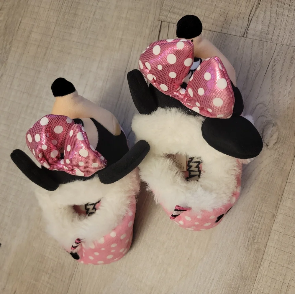 Disney Pink Minnie Mouse Plush Slippers with Polka-Dot Bows